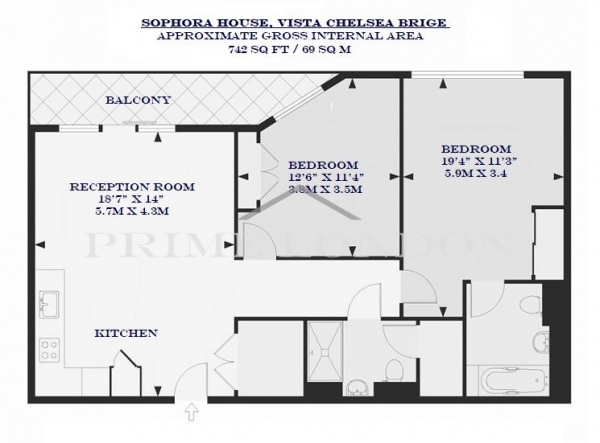 Floor Plan Image for 2 Bedroom Apartment for Sale in Sophora House, Sopwith Way, Vista Chelsea Bridge Wharf