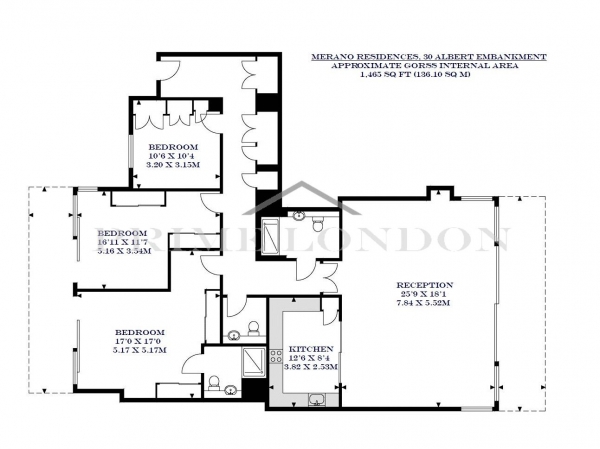 Floor Plan Image for 3 Bedroom Apartment for Sale in Merano Residences, 30 Albert Embankment, South Bank