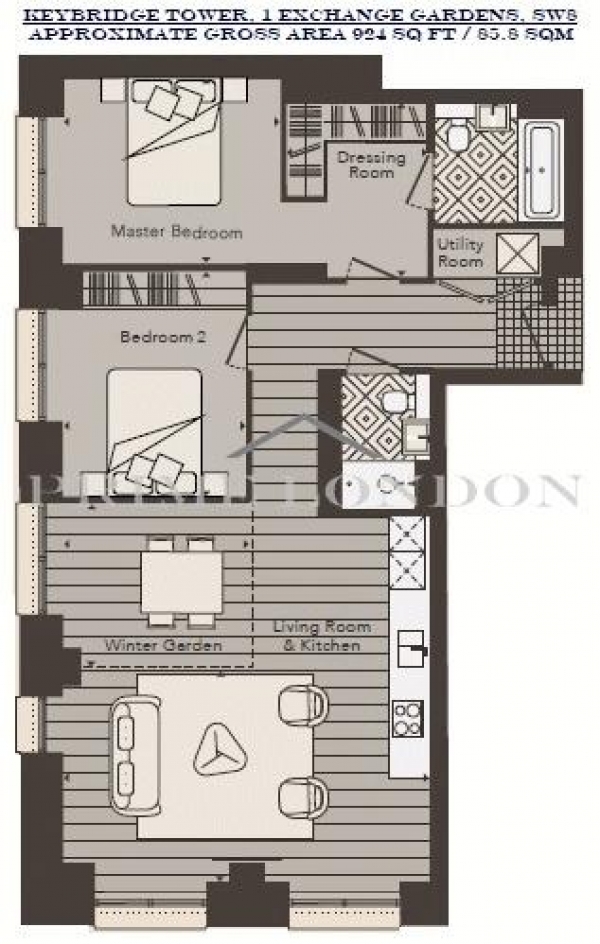 Floor Plan Image for 2 Bedroom Apartment for Sale in Keybridge Tower, 1 Exchange Gardens, Vauxhall