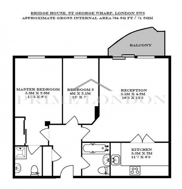 Floor Plan Image for 2 Bedroom Apartment to Rent in Bridge House, St George Wharf, Vauxhall