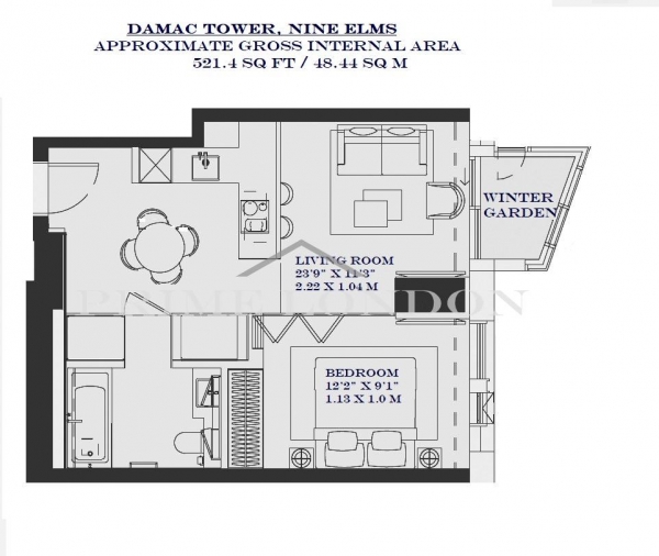 Floor Plan Image for 1 Bedroom Apartment for Sale in Damac Tower, Nine Elms, London