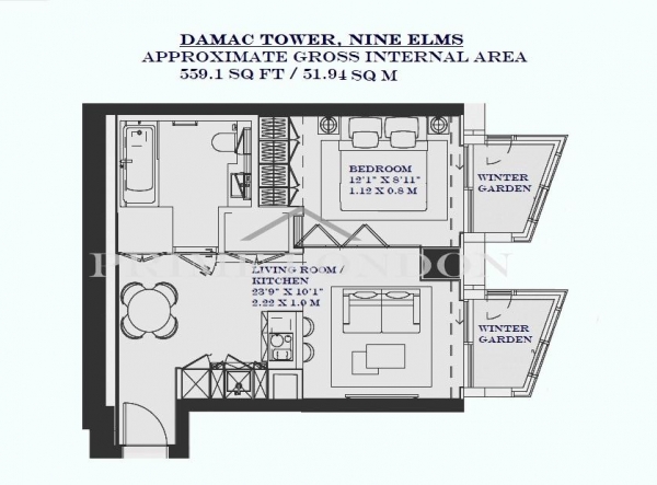 Floor Plan Image for 1 Bedroom Apartment for Sale in Damac Tower, Nine Elms, London