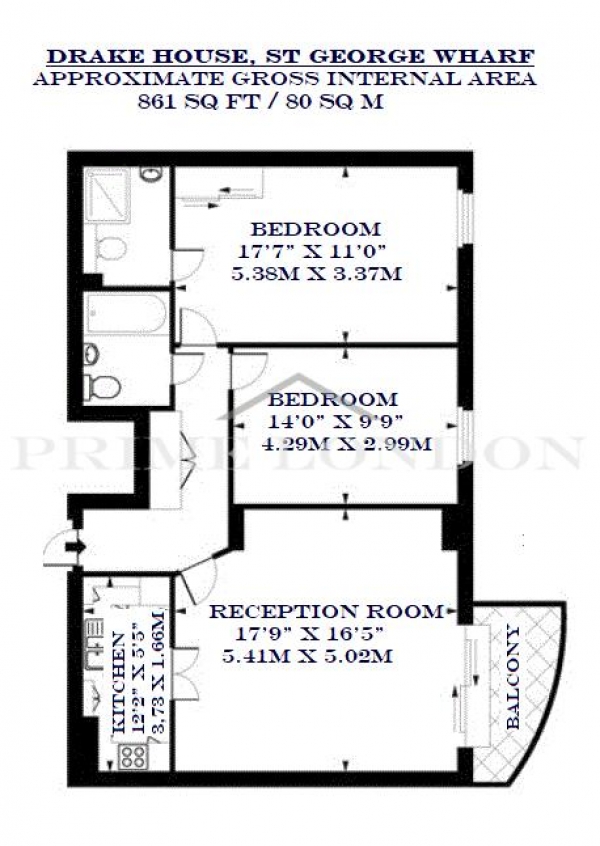 Floor Plan Image for 2 Bedroom Apartment for Sale in Drake House, St George Wharf, Vauxhall