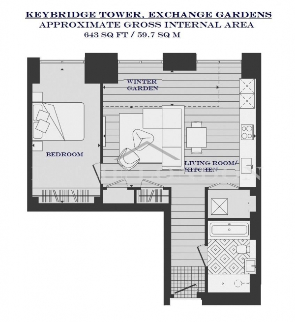 Floor Plan Image for 1 Bedroom Apartment to Rent in Keybridge Tower, 1 Exchange Gardens, Vauxhall