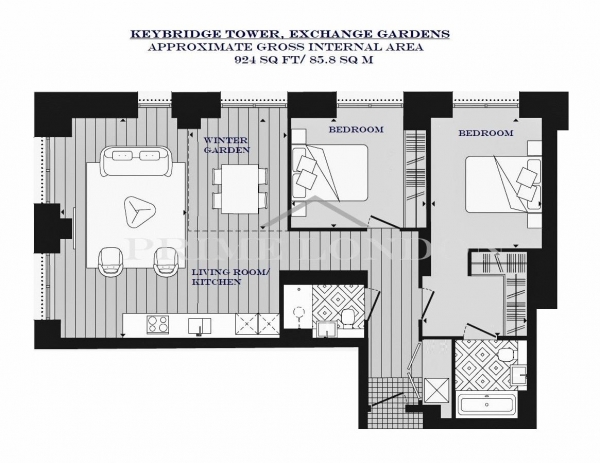 Floor Plan Image for 2 Bedroom Apartment to Rent in Keybridge Tower, 1 Exchange Gardens, Vauxhall