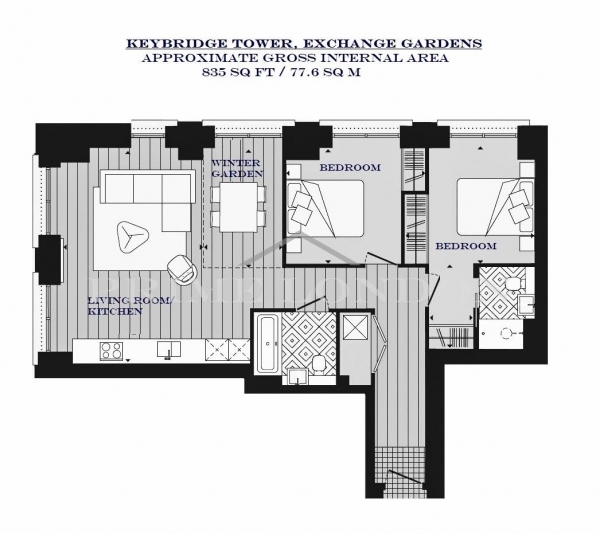 Floor Plan Image for 2 Bedroom Apartment to Rent in Keybridge Tower, 1 Exchange Gardens, Vauxhall