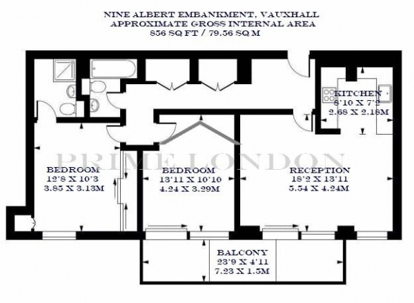 Floor Plan for 2 Bedroom Apartment for Sale in Nine Albert Embankment, Vauxhall, London, SE1, 7HD -  &pound999,995