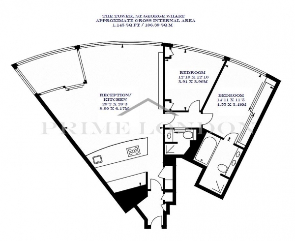 Floor Plan Image for 2 Bedroom Apartment to Rent in The Tower, One St George Wharf, London