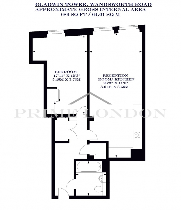 Floor Plan Image for 1 Bedroom Apartment to Rent in Gladwin Tower, 50 Wandsworth Road, Vauxhall