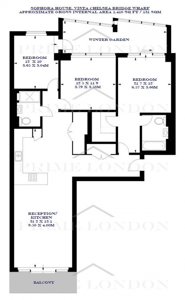 Floor Plan Image for 3 Bedroom Apartment for Sale in Sophora House, Vista Chelse Bridge Wharf, London