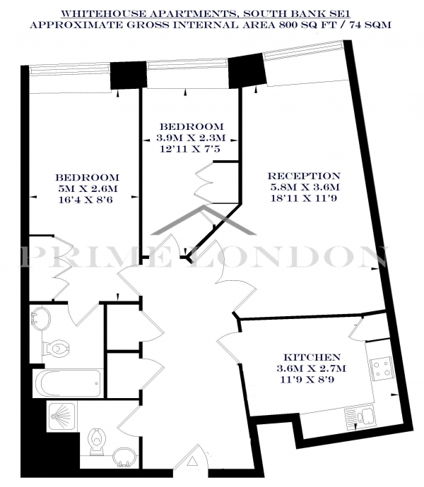 Floor Plan Image for 2 Bedroom Apartment to Rent in Whitehouse Apartments, 9 Belvedere Road, South Bank