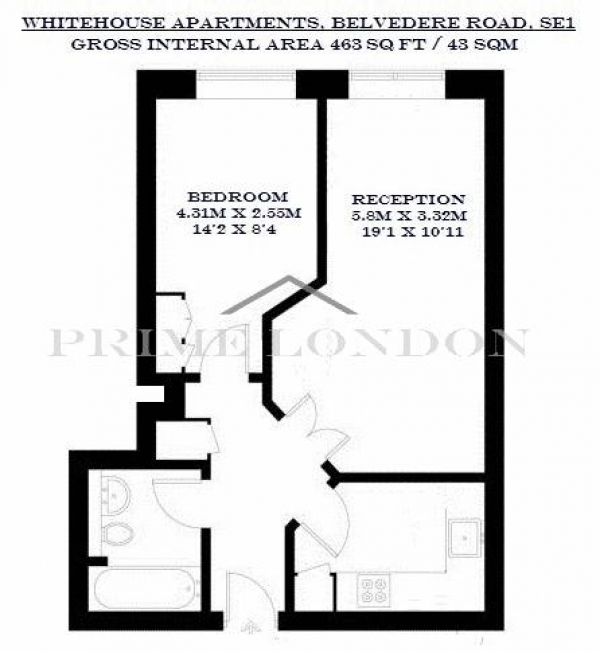 Floor Plan Image for 1 Bedroom Apartment to Rent in Whitehouse Apartments, 9 Belvedere Road, South Bank