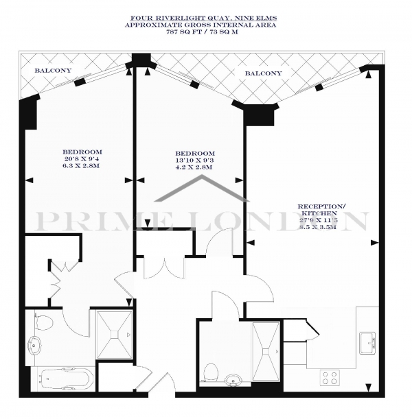 Floor Plan Image for 2 Bedroom Apartment to Rent in Four Riverlight Quay, Nine Elms, London