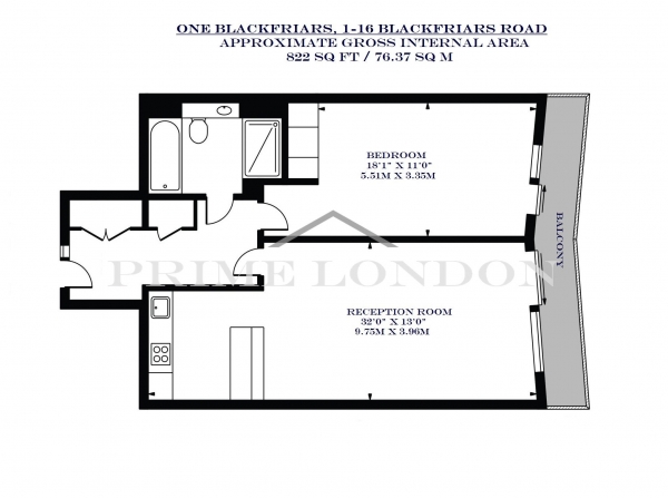 Floor Plan Image for 1 Bedroom Apartment to Rent in One Blackfriars, 1-16 Blackfriars Road, Bankside