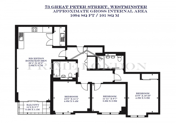 Floor Plan Image for 3 Bedroom Apartment to Rent in 73 Great Peter Street, Westminster, London