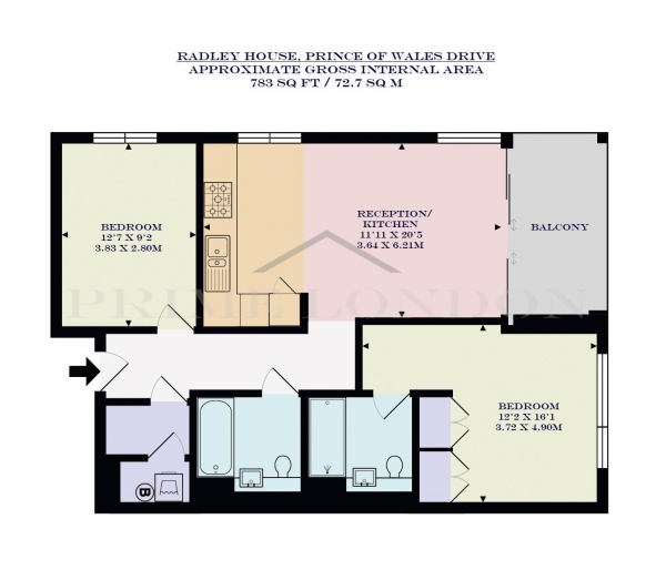 Floor Plan Image for 2 Bedroom Apartment to Rent in Radley House, Prince of Wales Drive, Battersea