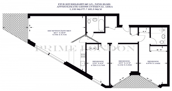 Floor Plan Image for 3 Bedroom Apartment to Rent in Five Riverlight Quay, Nine Elms, London