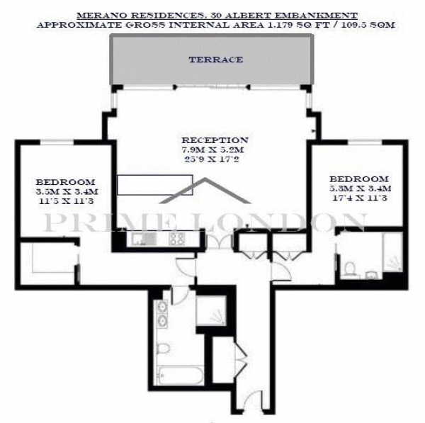 Floor Plan Image for 2 Bedroom Apartment for Sale in Merano Residences, 30 Albert Embankment, London