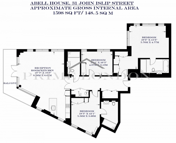 Floor Plan Image for 3 Bedroom Apartment to Rent in Abell House, John Islip Street, Westminster