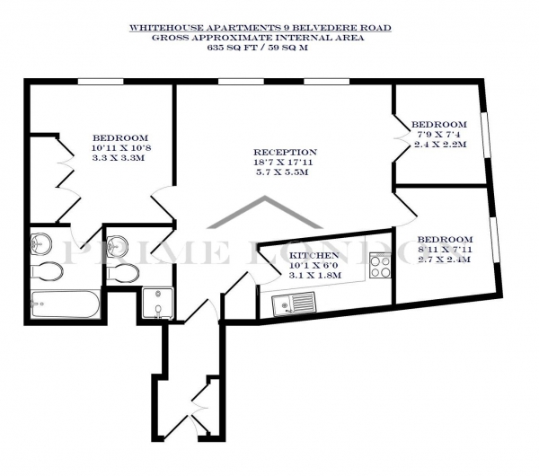 Floor Plan Image for 3 Bedroom Apartment to Rent in Whitehouse Apartments, South Bank, London