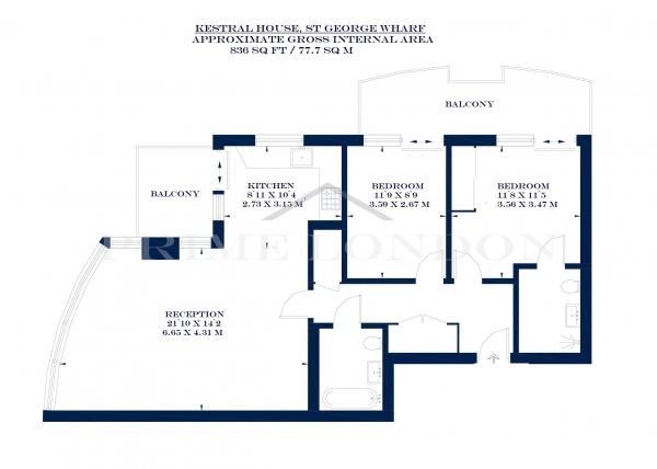 Floor Plan Image for 2 Bedroom Apartment to Rent in Kestrel House, St George Wharf, Vauxhall