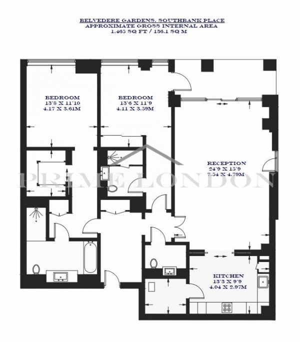 Floor Plan Image for 2 Bedroom Apartment to Rent in Belvedere Gardens, Southbank Place, London