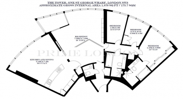 Floor Plan Image for 3 Bedroom Apartment to Rent in The Tower, One St George Wharf, London