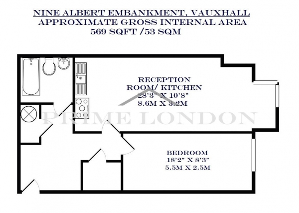 Floor Plan Image for 1 Bedroom Apartment to Rent in Nine Albert Embankment, Vauxhall, London