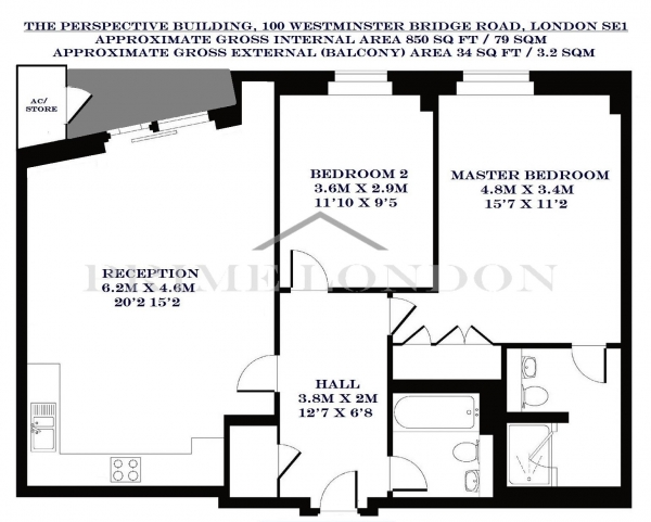 Floor Plan Image for 2 Bedroom Apartment to Rent in The Perspective Building, 100 Westminster Bridge Road, Waterloo