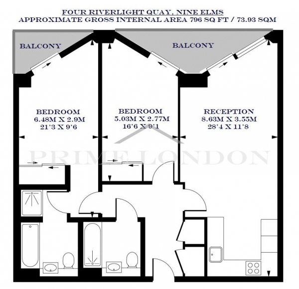 Floor Plan Image for 2 Bedroom Apartment to Rent in Four Riverlight Quay, Nine Elms, London