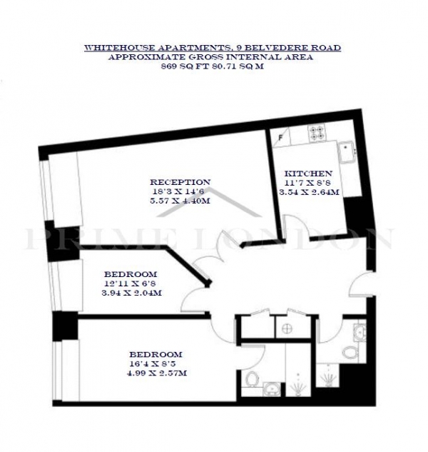 Floor Plan Image for 2 Bedroom Apartment to Rent in Whitehouse Apartments, South Bank, London