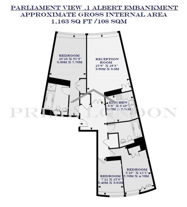 Floor Plan Image for 3 Bedroom Apartment to Rent in Parliament View Apartments,1 Albert Embankment, London