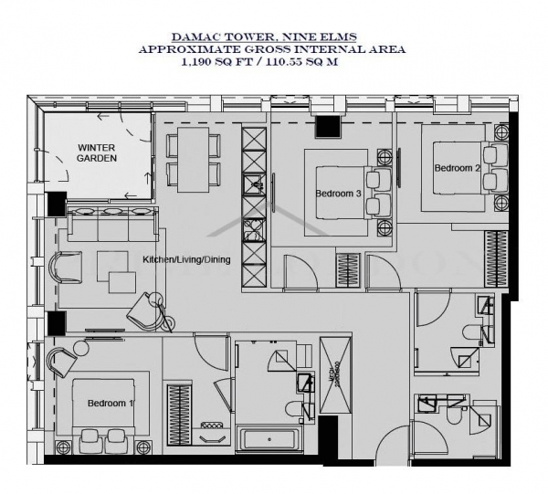 Floor Plan Image for 3 Bedroom Apartment for Sale in Damac Tower, Nine Elms, London