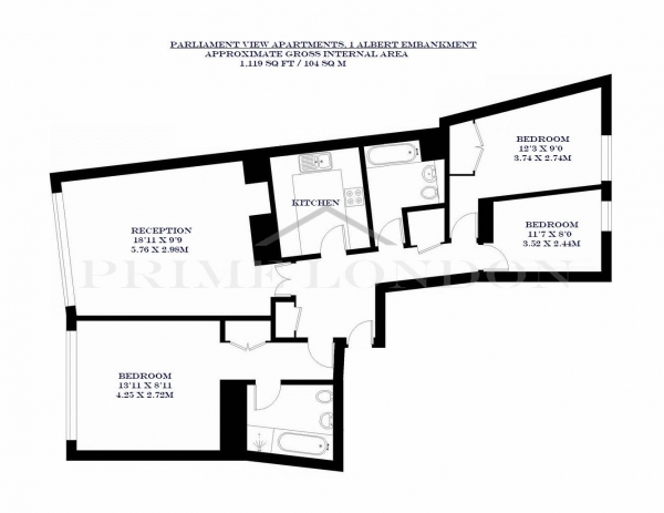 Floor Plan Image for 3 Bedroom Apartment to Rent in Parliament View Apartments, 1 Albert Embankment, London