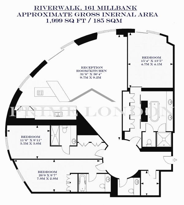 Floor Plan Image for 3 Bedroom Apartment to Rent in Riverwalk, 161 Millbank, Westminster