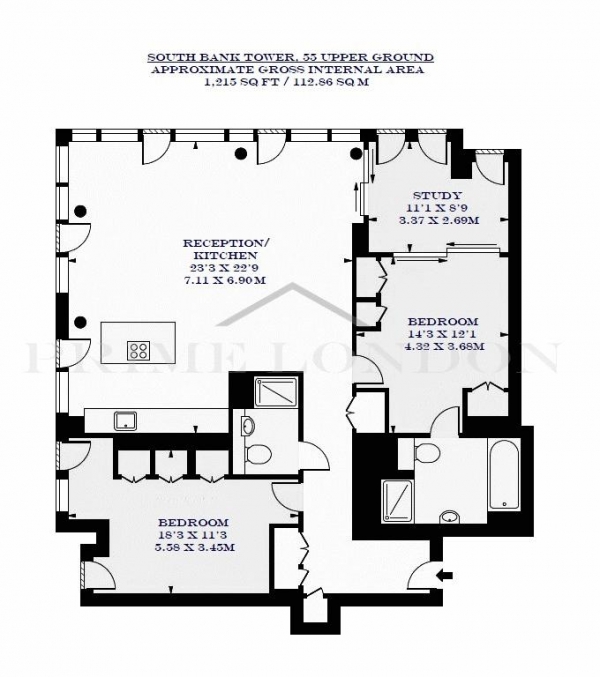 Floor Plan Image for 2 Bedroom Apartment to Rent in South Bank Tower, 55 Upper Ground, London