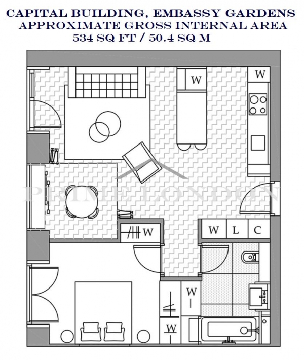 Floor Plan Image for 1 Bedroom Apartment to Rent in Capital Building, Embassy Gardens, Nine Elms