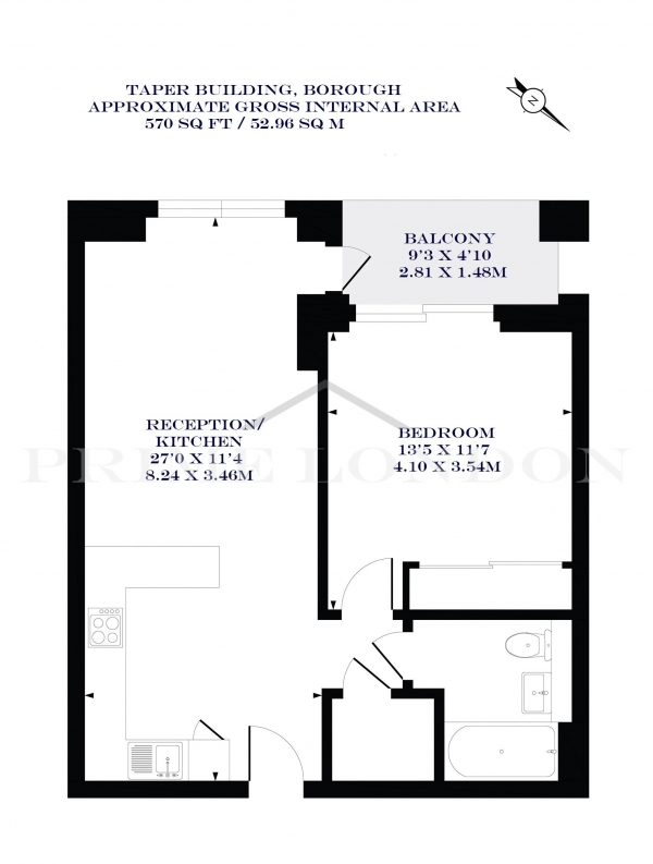 Floor Plan Image for 1 Bedroom Apartment to Rent in Taper Building, Borough, London