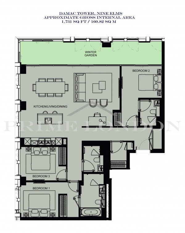 Floor Plan Image for 3 Bedroom Apartment for Sale in Damac Tower, Nine Elms, London