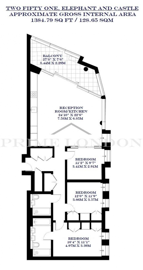 Floor Plan Image for 3 Bedroom Apartment to Rent in Two Fifty One, Southwark Bridge Road, London