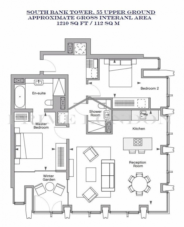 Floor Plan Image for 2 Bedroom Apartment to Rent in South Bank Tower, 55 Upper Ground, London