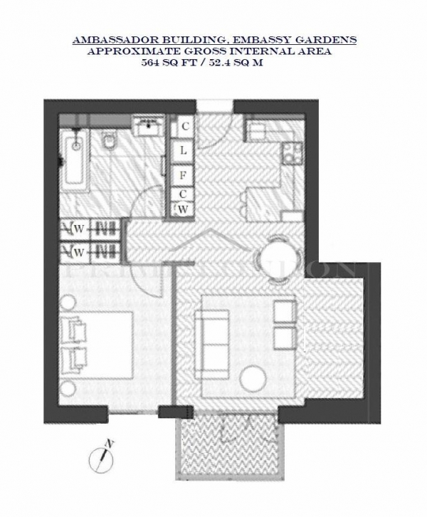 Floor Plan for 1 Bedroom Apartment to Rent in Ambassador Building, Embassy Gardens, Nine Elms, Embassy Gardens, SW11, 7BT - £575  pw | £2492 pcm