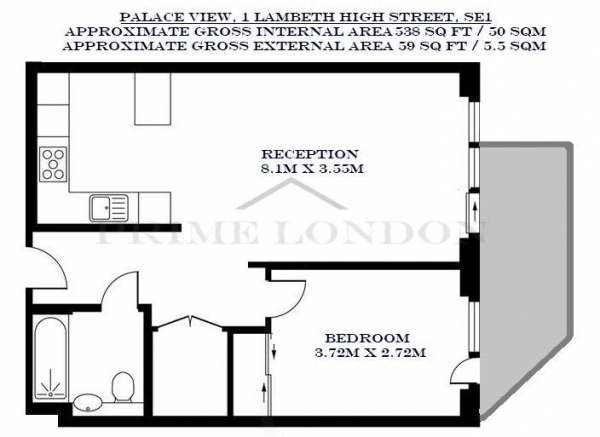 Floor Plan Image for 1 Bedroom Apartment to Rent in Palace View, 1 Lambeth High Street, London