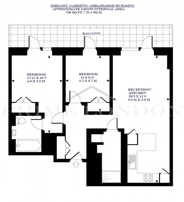 Floor Plan Image for 2 Bedroom Apartment to Rent in Ambassador Building, Embassy Gardens, Nine Elms