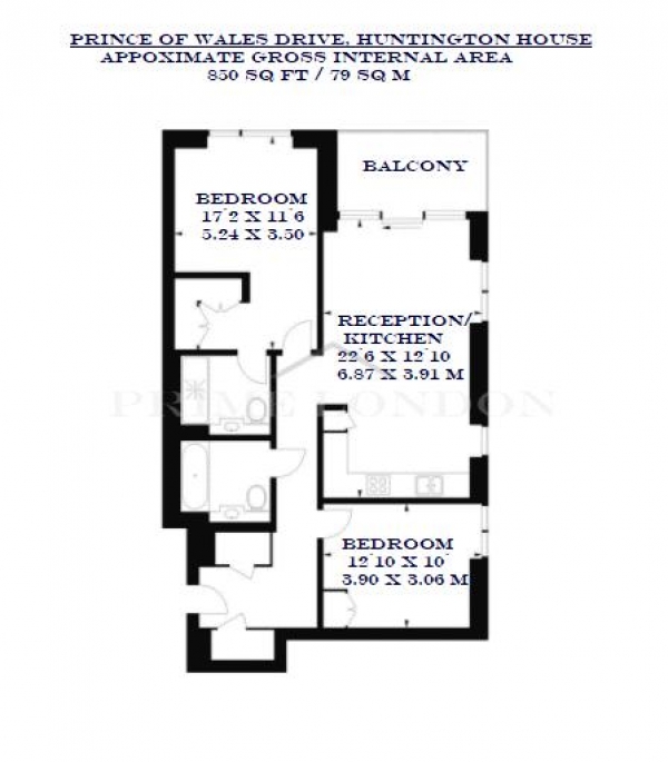 Floor Plan Image for 2 Bedroom Apartment to Rent in Huntington House, Prince of Wales Drive, Battersea