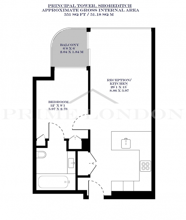 Floor Plan Image for 1 Bedroom Apartment to Rent in Principal Tower, Shoreditch, London