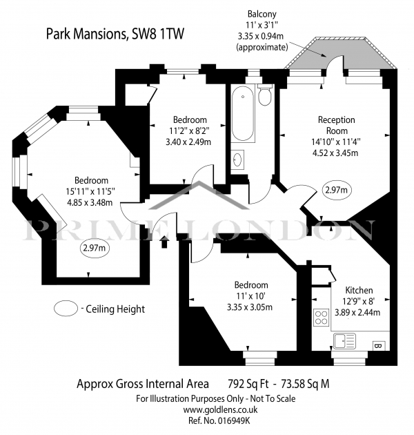 Floor Plan Image for 3 Bedroom Apartment to Rent in Park Mansions, Vauxhall, London