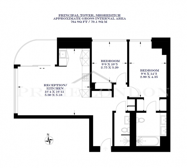 Floor Plan Image for 2 Bedroom Apartment to Rent in Principal Tower, Shoreditch, London