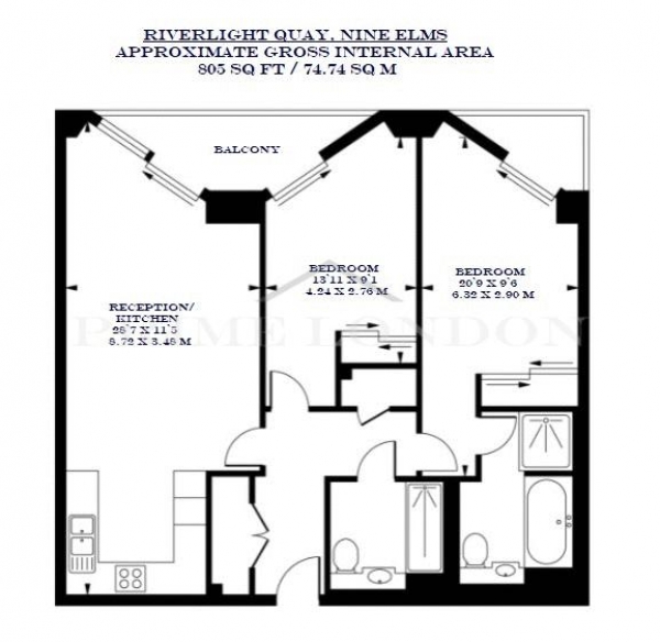 Floor Plan Image for 2 Bedroom Apartment to Rent in Three Riverlight Quay, Nine Elms, London