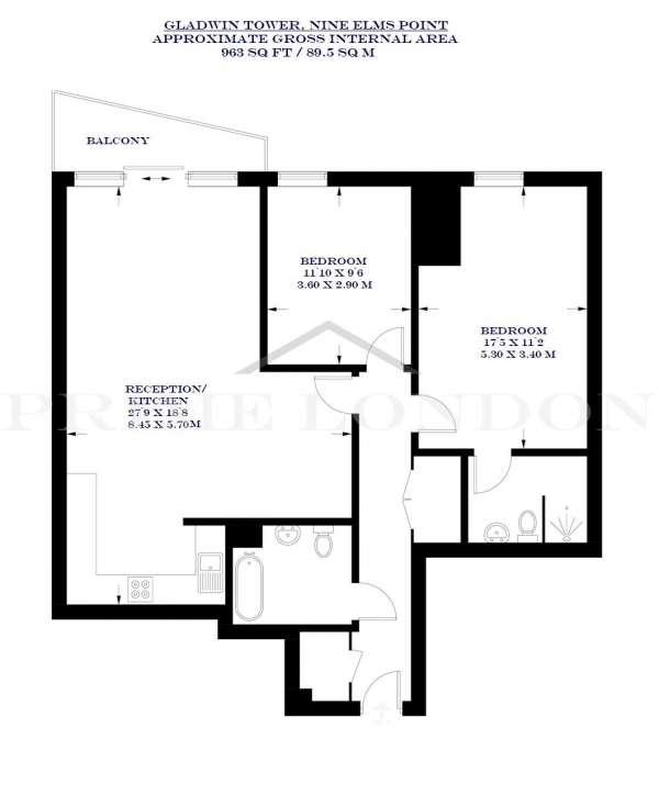 Floor Plan Image for 2 Bedroom Apartment to Rent in Gladwin Tower, Nine Elms Point, London